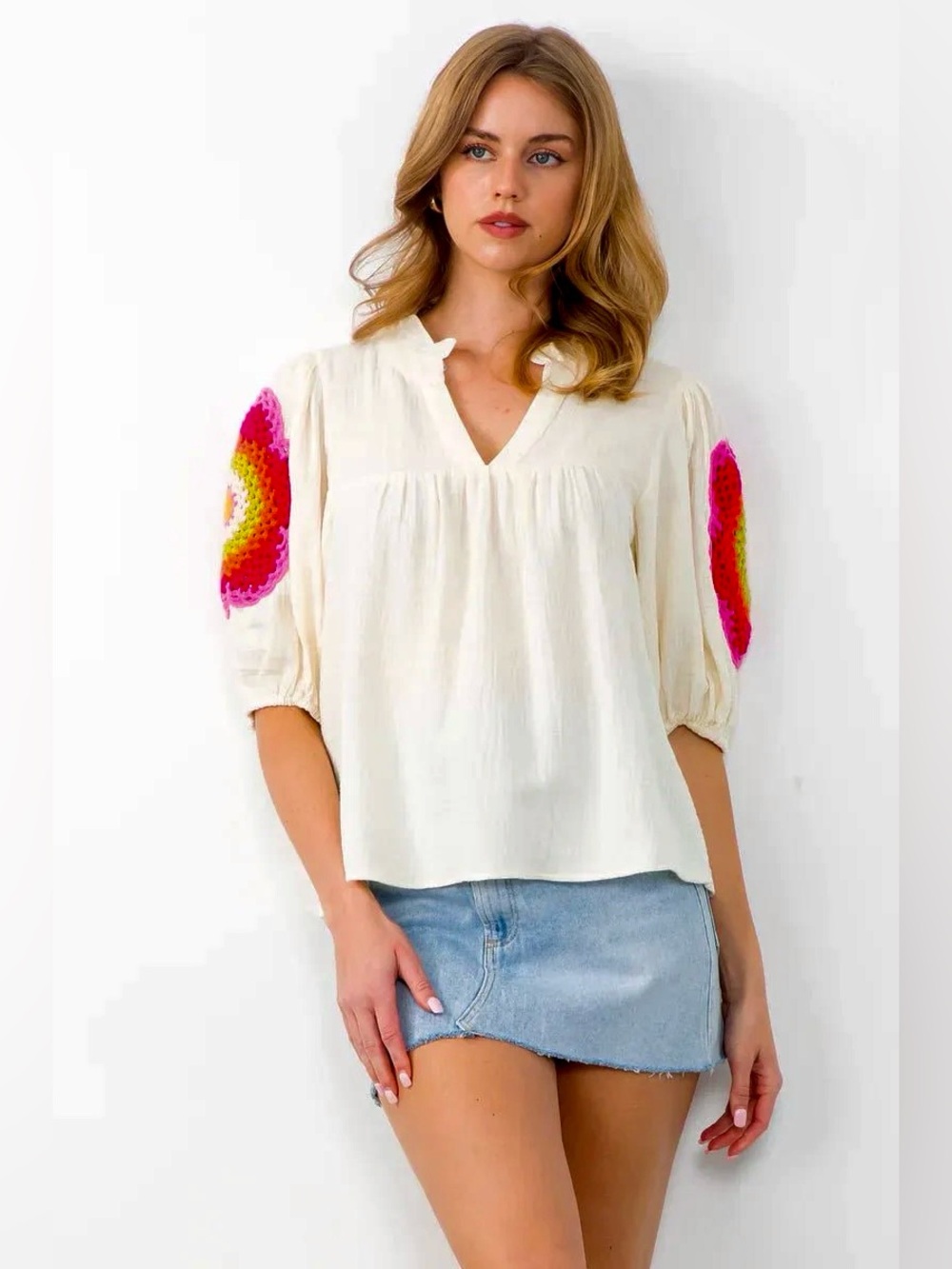 THML Boho Crochet Sleeve Top Cream Gauze Cotton Blouse Size M